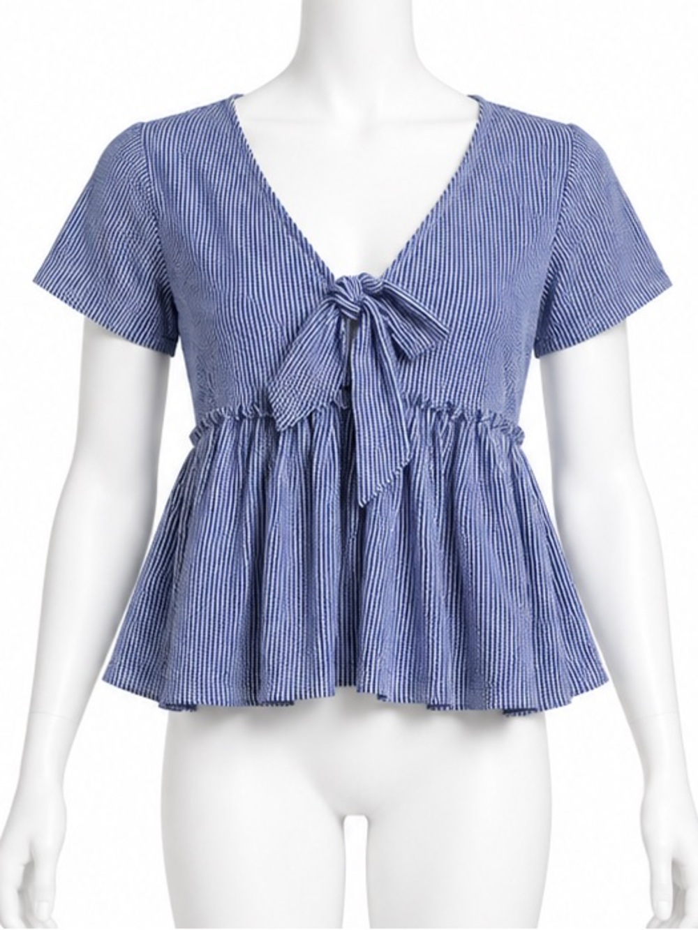 Pink Lily Striped Blue Tie-Front Peplum Top  size small